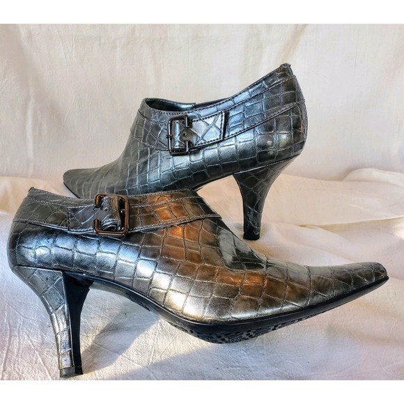 AK SZ 6.5 Gunmetal Croc Embossed Alligator Leather Bootie Pointy Toe Shoe Pumps - Picture 5 of 10